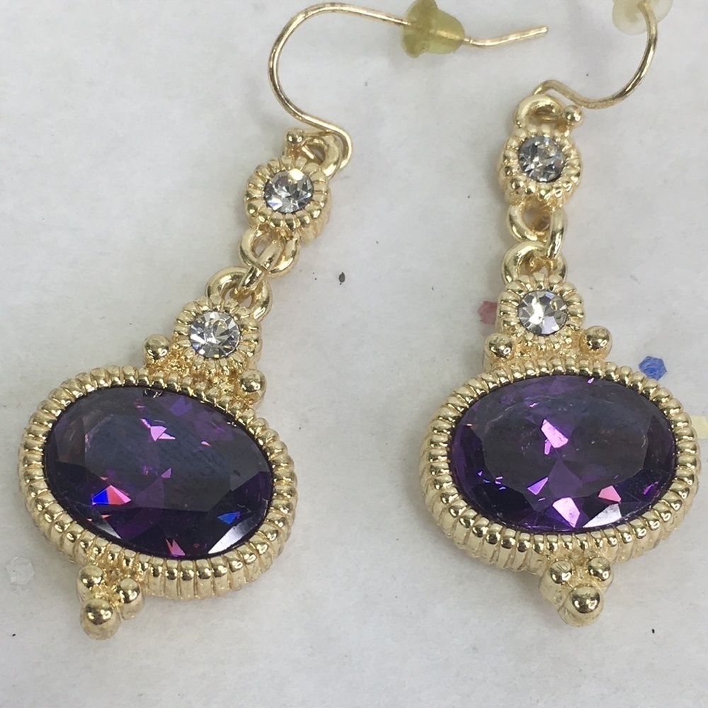 Antique look gold tone faux amethyst clear crystal earrings